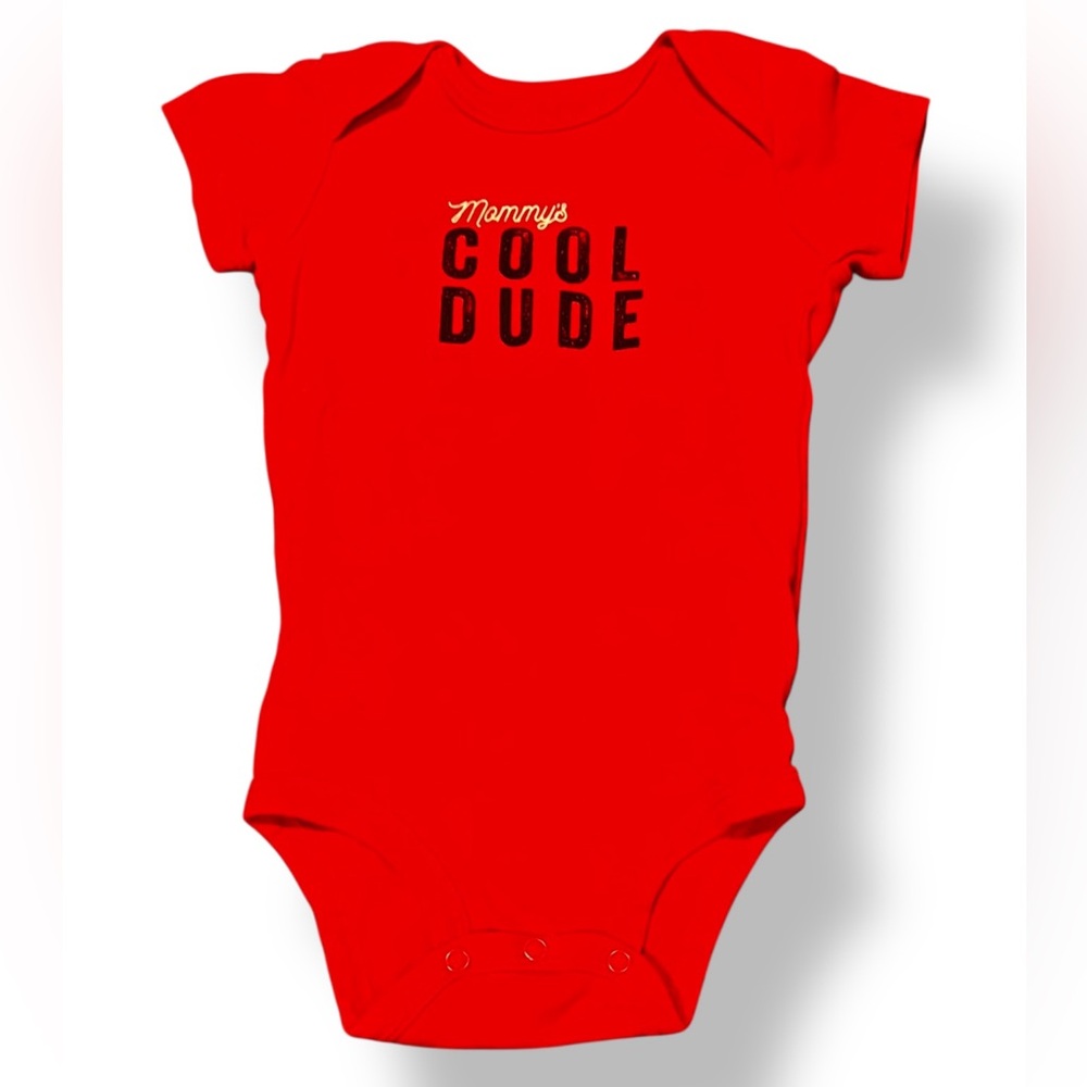 LIKE NEW “Mommy’s Cool Dude” Red Onesie; Distressed Lettering; Carter’s (6 mos)